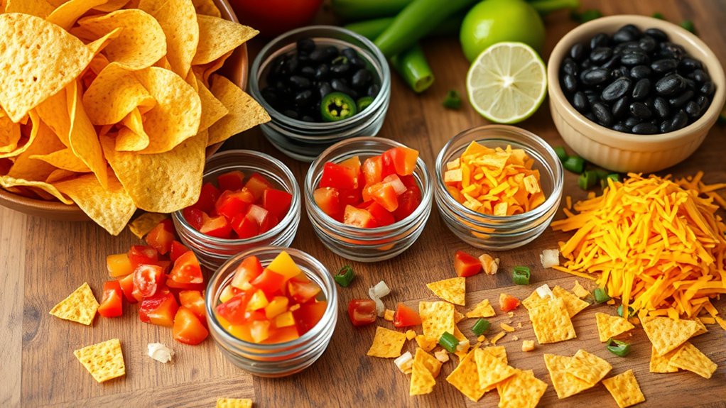 gather tortilla chips cheese toppings ready