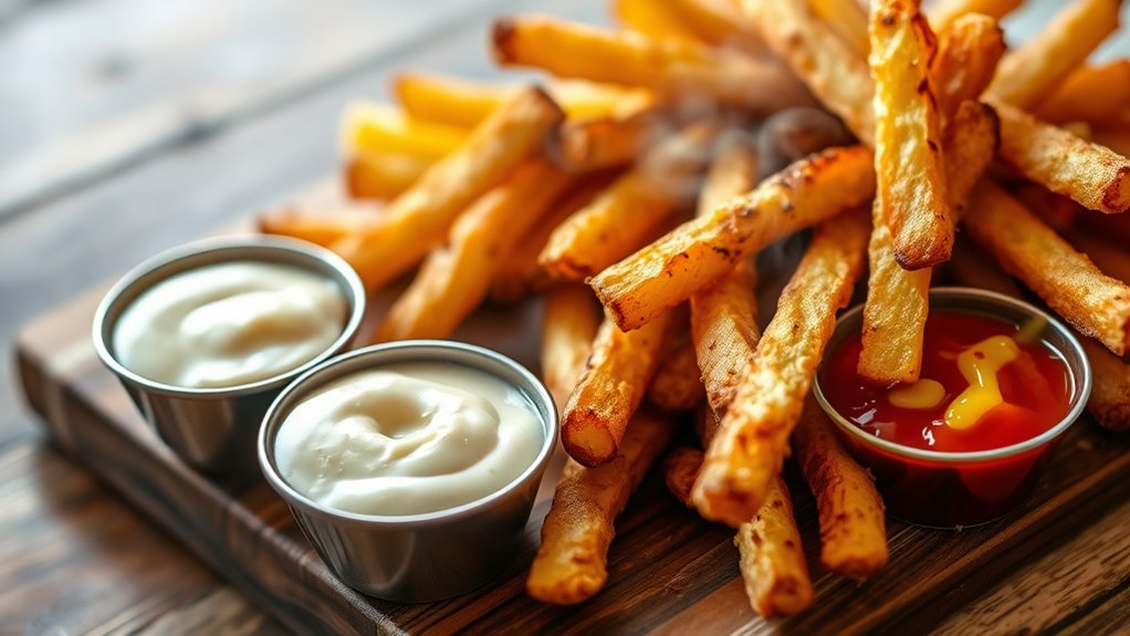 serve hot fries with dipping sauces