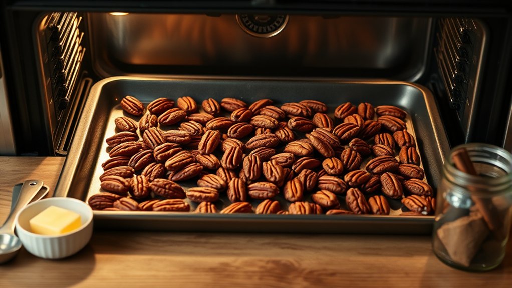 toasted pecans with oil and parchment setup